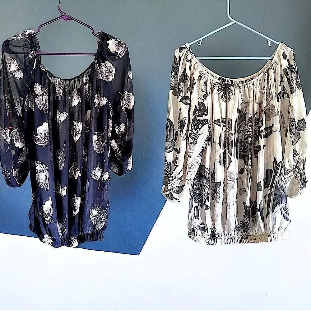 Libian Blouses Lot l 1. Navy with Beige leaves 2 Beige with Blue Floral l 2X